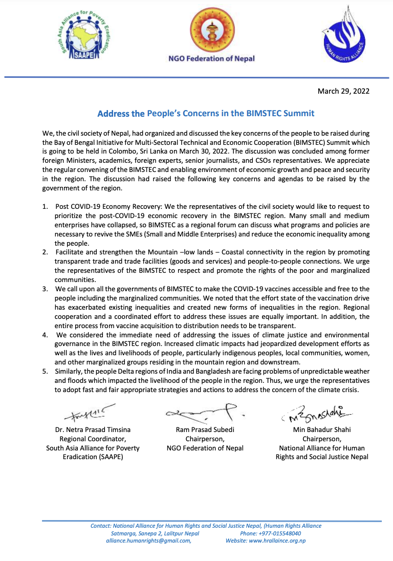 Attention Letter to BIMSTEC Summit